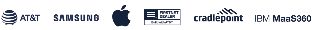 Partner logos: AT&T, Samsung, Apple, FirstNet, Cradlepoint, IBM MaaS360